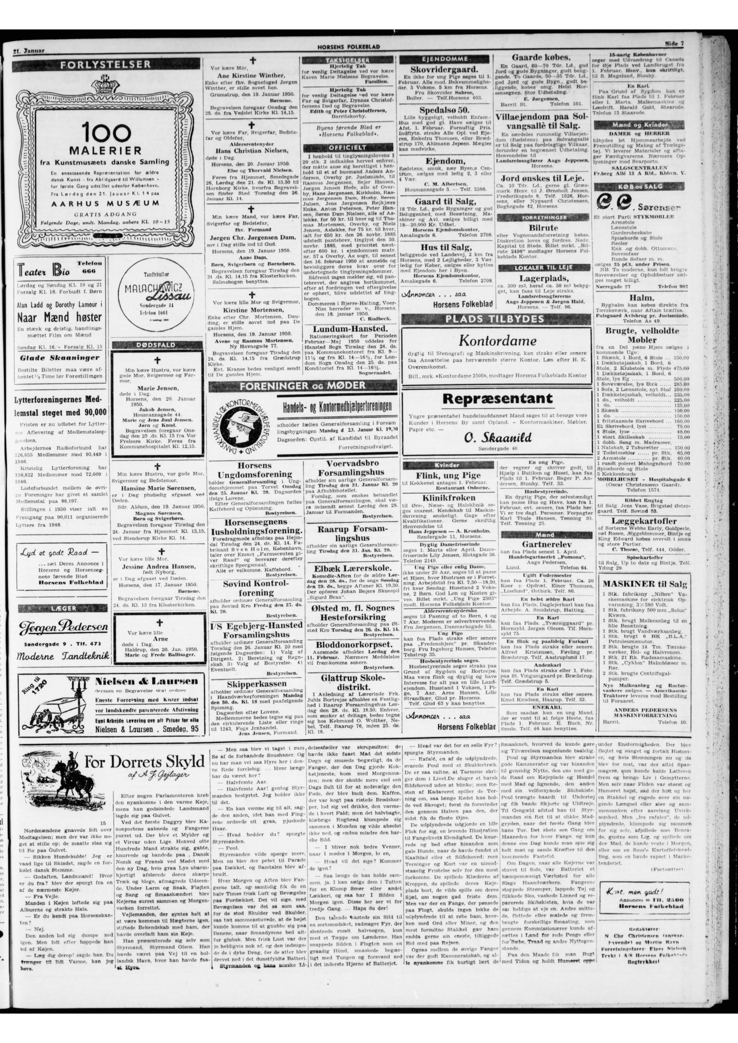 Hans Christian Nielsens dødsannonce i Horsens Folkeblad d. 21-01-1950.