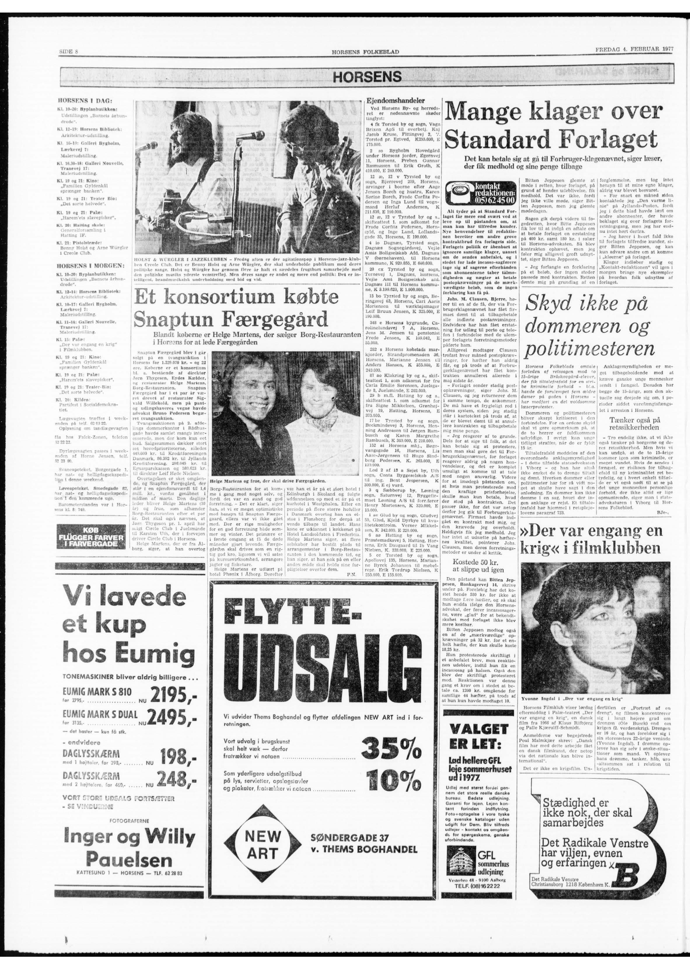 Artikel fra Horsens Folkeblad, Lis sælger Bøgevangsgade 16 til Hugo Sindberg Pedersen for 265.000 (ejendomsværdi kr. 130.000)