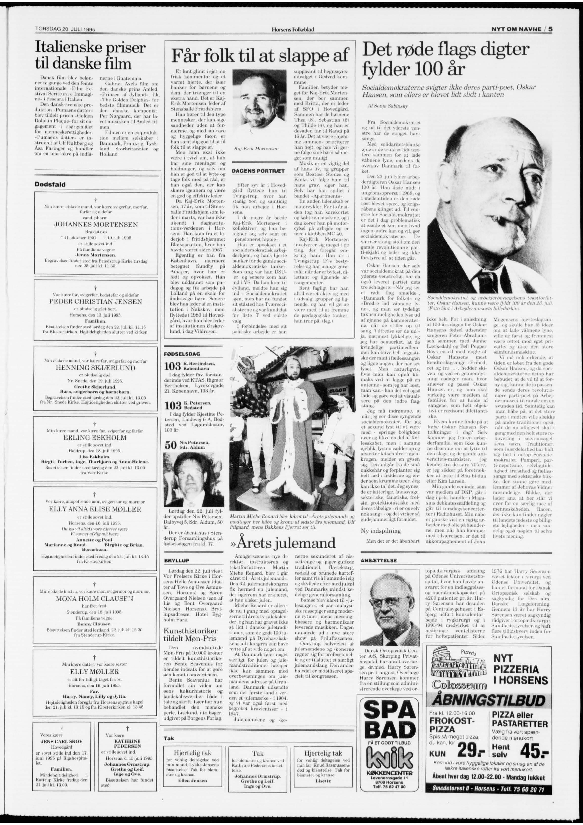 Peder Christian Jensens dødsannonce i Horsens Folkeblad d. 20-07-1995.