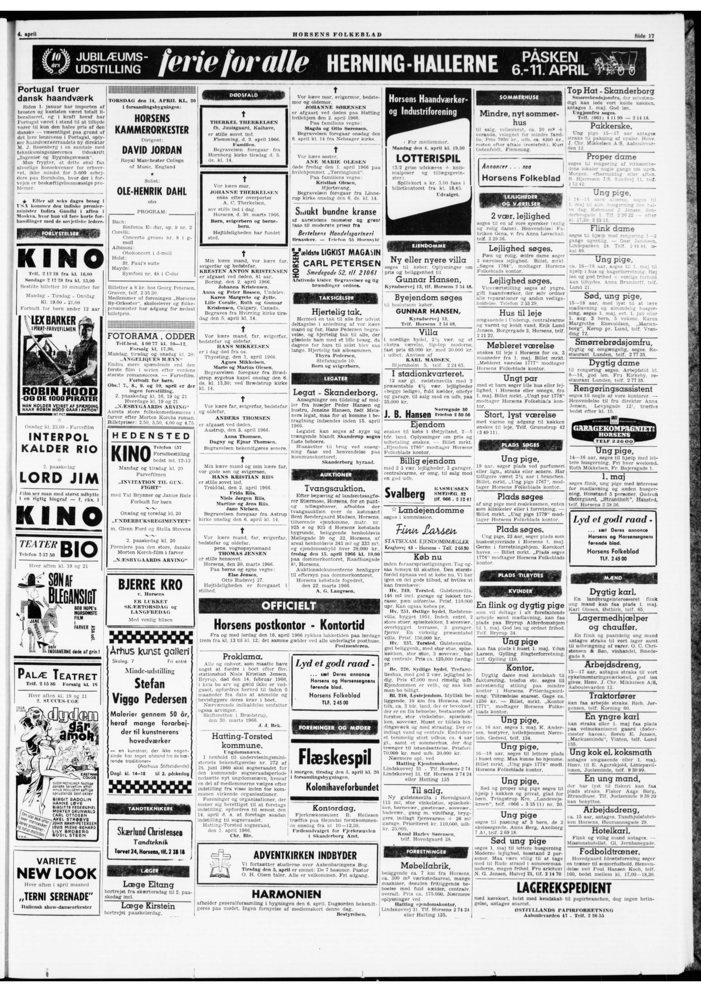 Thomas Jensen dødsannonce i Horsens Folkeblad d. 04-04-1966.